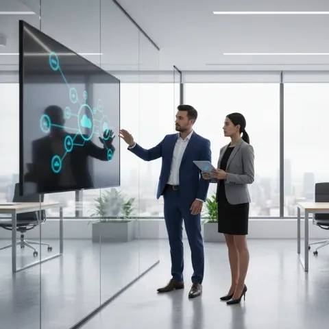 GMS cloud architects reviewing Azure architecture on a large display